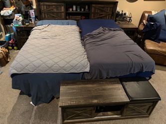 Farmhouse King Bed set Headboard end tables foot bench storage shelves