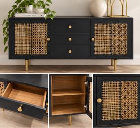 Black Rattan Sideboard with Gold Legs