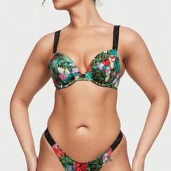 NWT Victoria's Secret  Rhinestone Black STRAPS Flowers BIKINI SET 36C/M Swimwear