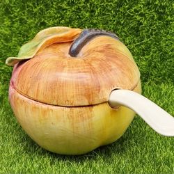 Vintage Apple Shaped 1950's Italian Hand Created Jam Bowl with Spoon