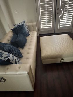 Cream Tufted Sofa with Storage Ottoman