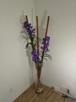 Tall Acrylic Vase with Faux Purple Orchid Arrangement
