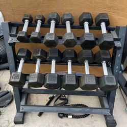 5-30lb Hex Rubber Dumbbell Set Weights With Rack