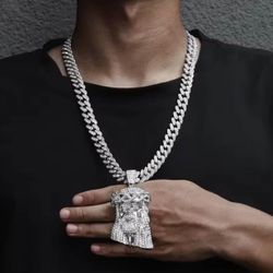 Iced Out Jesus Christ Head Charm Pendant Rhinestone Necklace With 13mm Miami Cuban Link