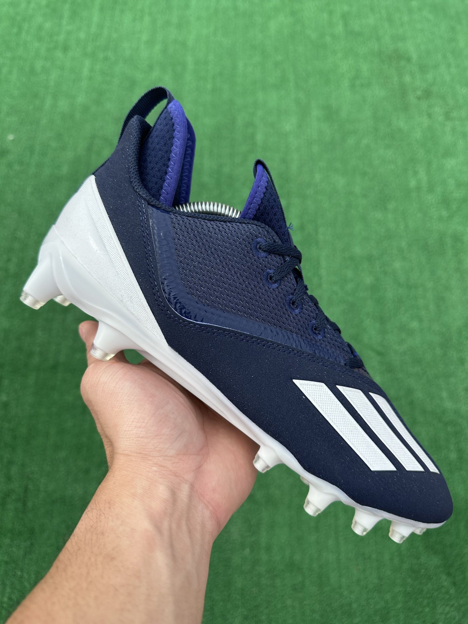 ADIDAS ADIZERO SCORCH “COLLEGIATE NAVY / WHITE” FOOTBALL CLEATS (Sizes 10.5 and 11, Men’s Available)