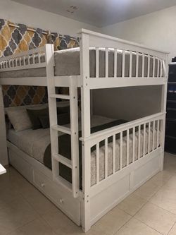 White Full-Over-Full Bunk Bed with Storage Drawers