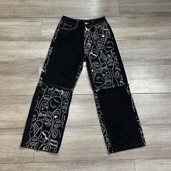 Shein Jeans Size 4 Cartoon Patch Work Raw Hem Loose Black White 