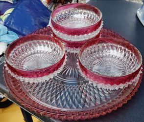 Vintage Indiana Glass Ruby Diamond Point chip and dip set