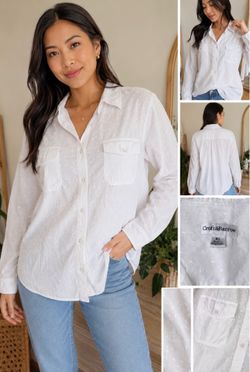 Croft & Barrow Women's White Swiss Dot Button-Up Shirt XL Cotton Blend Casual Blouse
