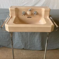 Vtg Mid Century Sun Tan Crane Drexel Bath Sink Chrome Legs Towel Bars 