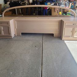 Thomasville White Wash Oak Queen Mirror Headboard & 2 Night Stands