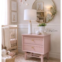 Charming Blush Pink Mcm Nightstand End Table With Scalloped Details 