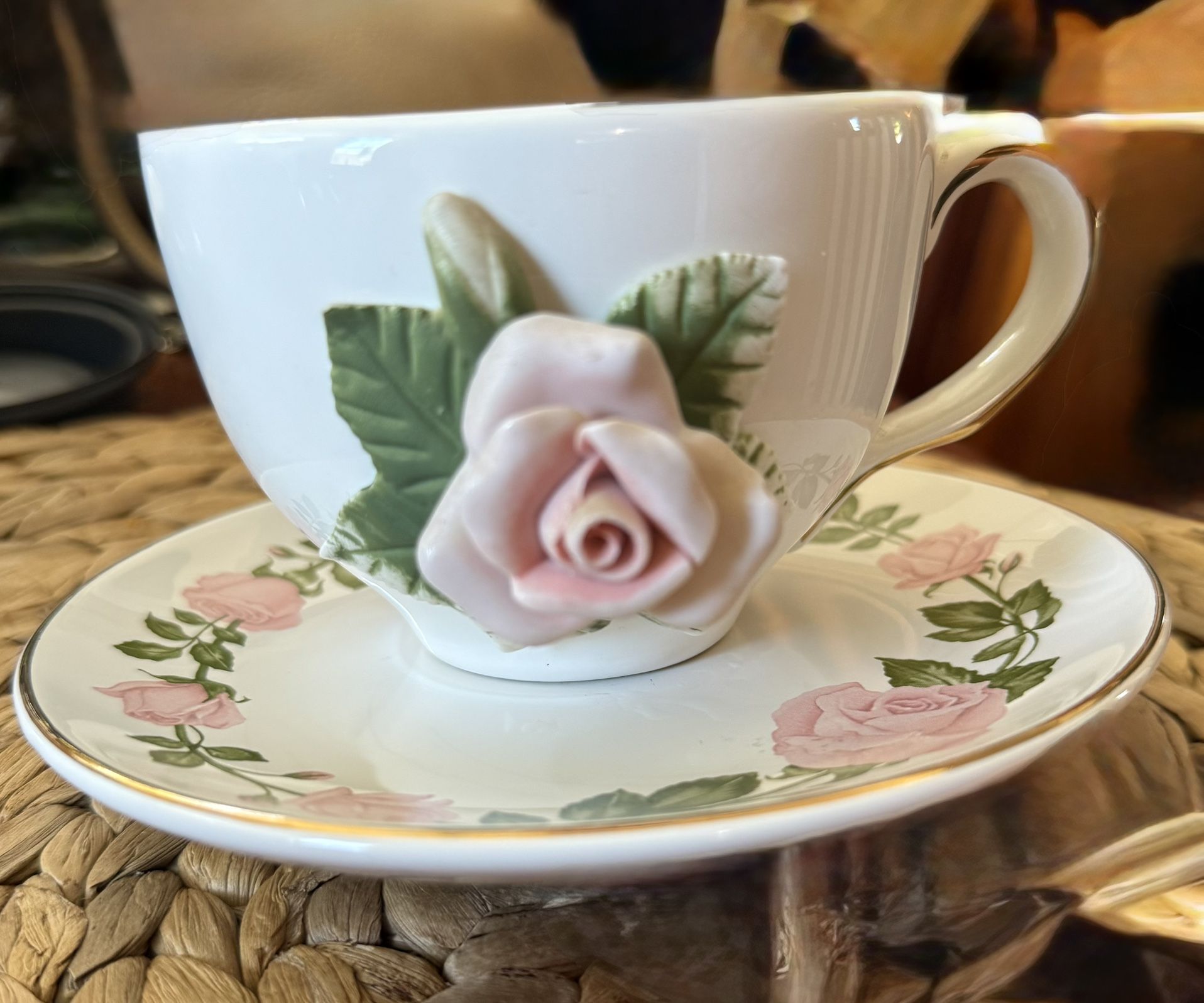 Retro Porcelain Teleflora Teacup & Saucer with Pink 3D Rose Trim Gold