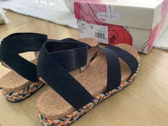 Women’s Shoes NEW Amelia Grace Size 6 M  Black Elastic Straps.  Comfortable Cork Footbed. Multi Color  $ 17.00