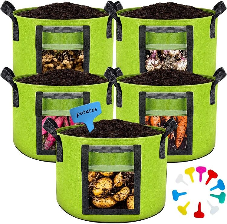 5 Packs 10 Gallon Potato Growing Bags, 400G Heavy Duty Fabric Potato Grow Bags with Flap and Sturdy Handle, Garden Plant Grow Bags for Growing Tomato,