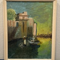 Antique c1920s Orientalist Cityscape Scene Oil Painting by Victor F. Love