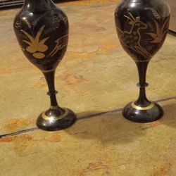 vintage etched Brass black and gold Ruffled Bud vase