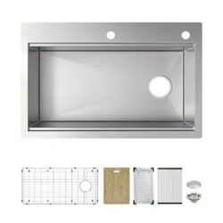 Glacier Bay Professional Zero Radius 33 in. Drop-In Single Bowl 16 Gauge Stainless Steel Workstation Kitchen Sink with Accessories