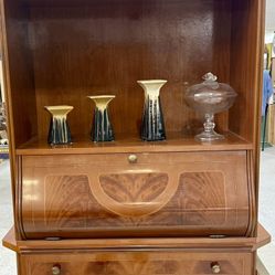 Vintage European Secretary Desk| Glossy Walnut & Mahogany Finished Hutch | Gold Trim Glass Display