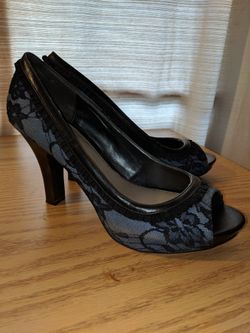 Fergalicious black lace & denim blue ladies high heels, size 8 ½ medium.