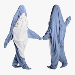 Shark Blanket Hoodie Onesie for Adult Kids, Cozy Flannel Throw Wearable Blanket, Cartoon Animals Shark Onesie Shark Costume