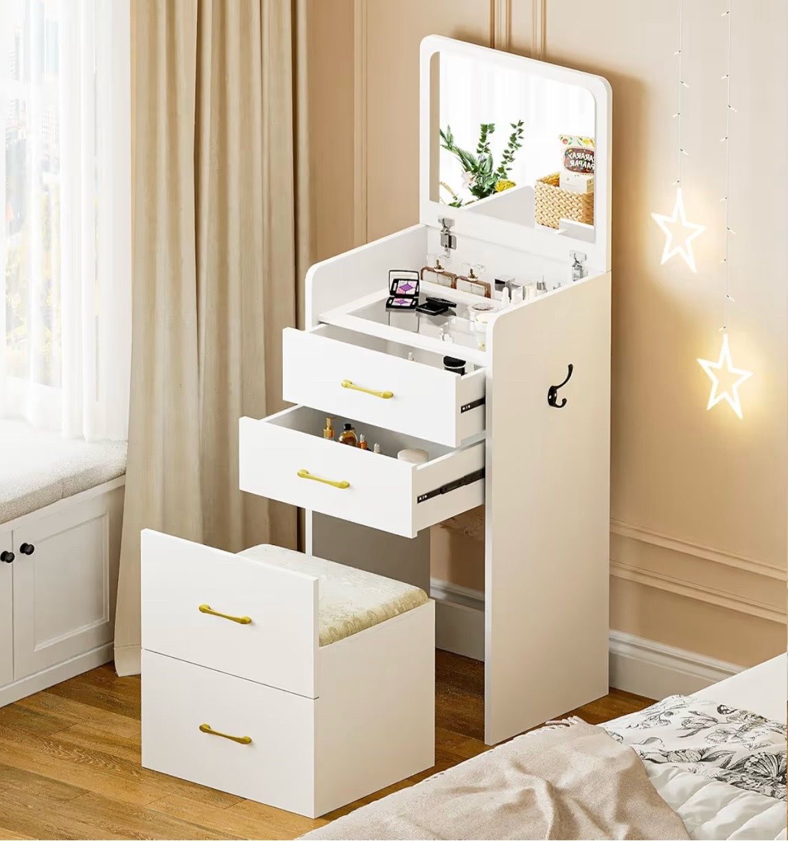 3 in 1 White Vanity Desk with Flip Top Mirror