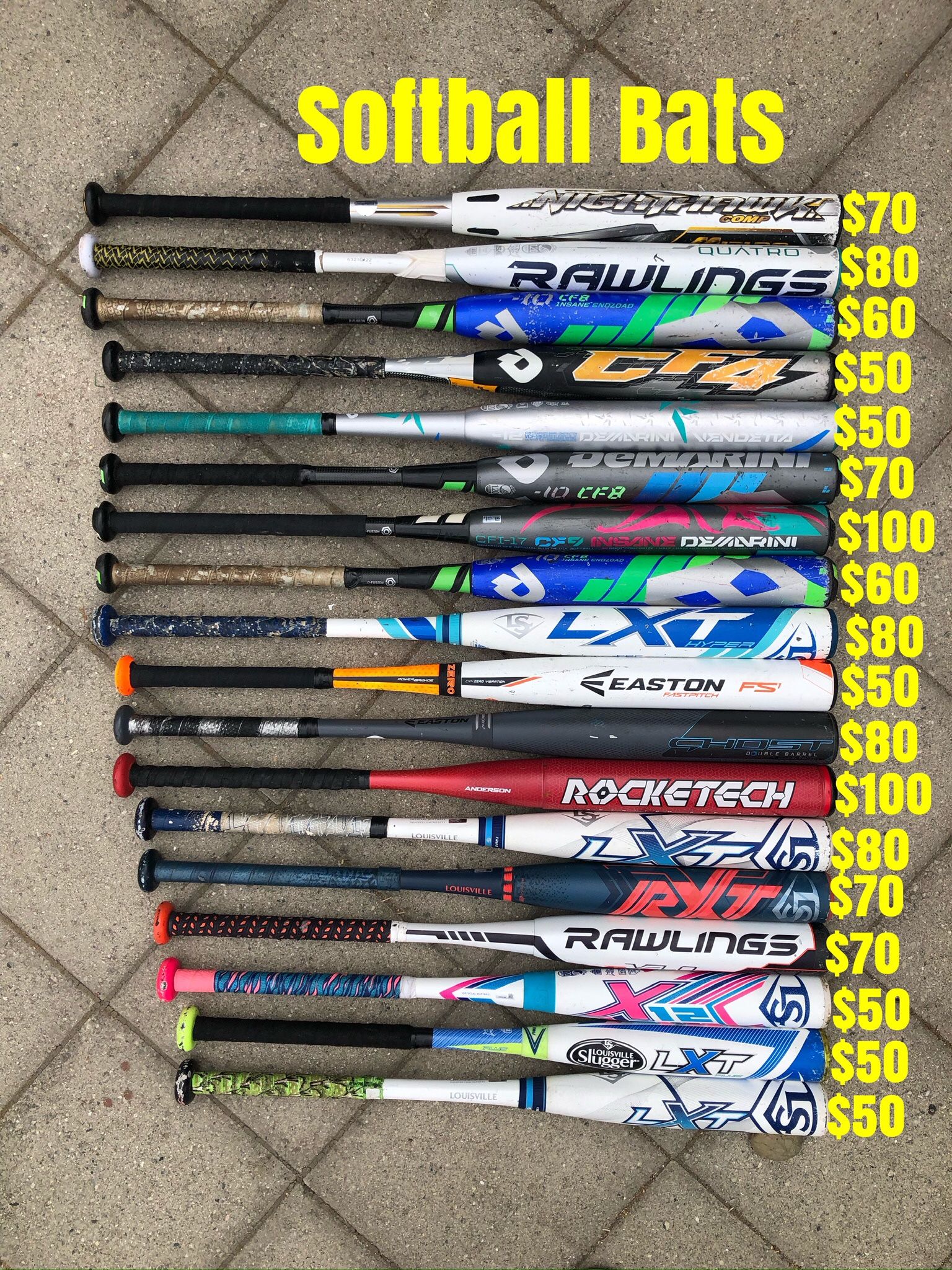 Softball Bats Prices Are Labeled In The Pictures And Sizes Are Also Shown Have More Softball And Equipment Available