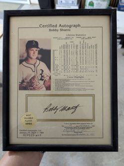 Bobby Shantz Certified Autograph Framed
