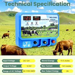 15.5J Electric Fence Charger, 15.5 Joules 600 Acres, AC DC 2 in 1 Powered Supply, Input 12V Output 12KV