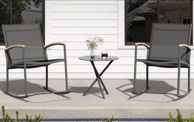Black 3-Piece Metal Outdoor Wooden Armrest Rocking Chair Chat Set