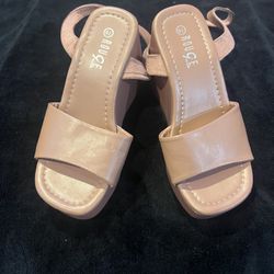 Woman’s Sandal Wedge Tan Size 6 1/2 Heels Strap Open Toe