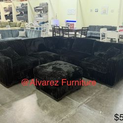 Black Corduroy Sectional Sofa With Ottoman 