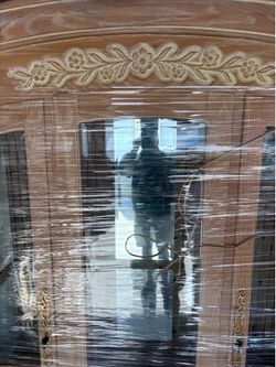 Large Wood Mirror and Glass Chinese Cabinet