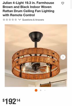 Farmhouse Woven Rattan Drum Ceiling Fan with Light