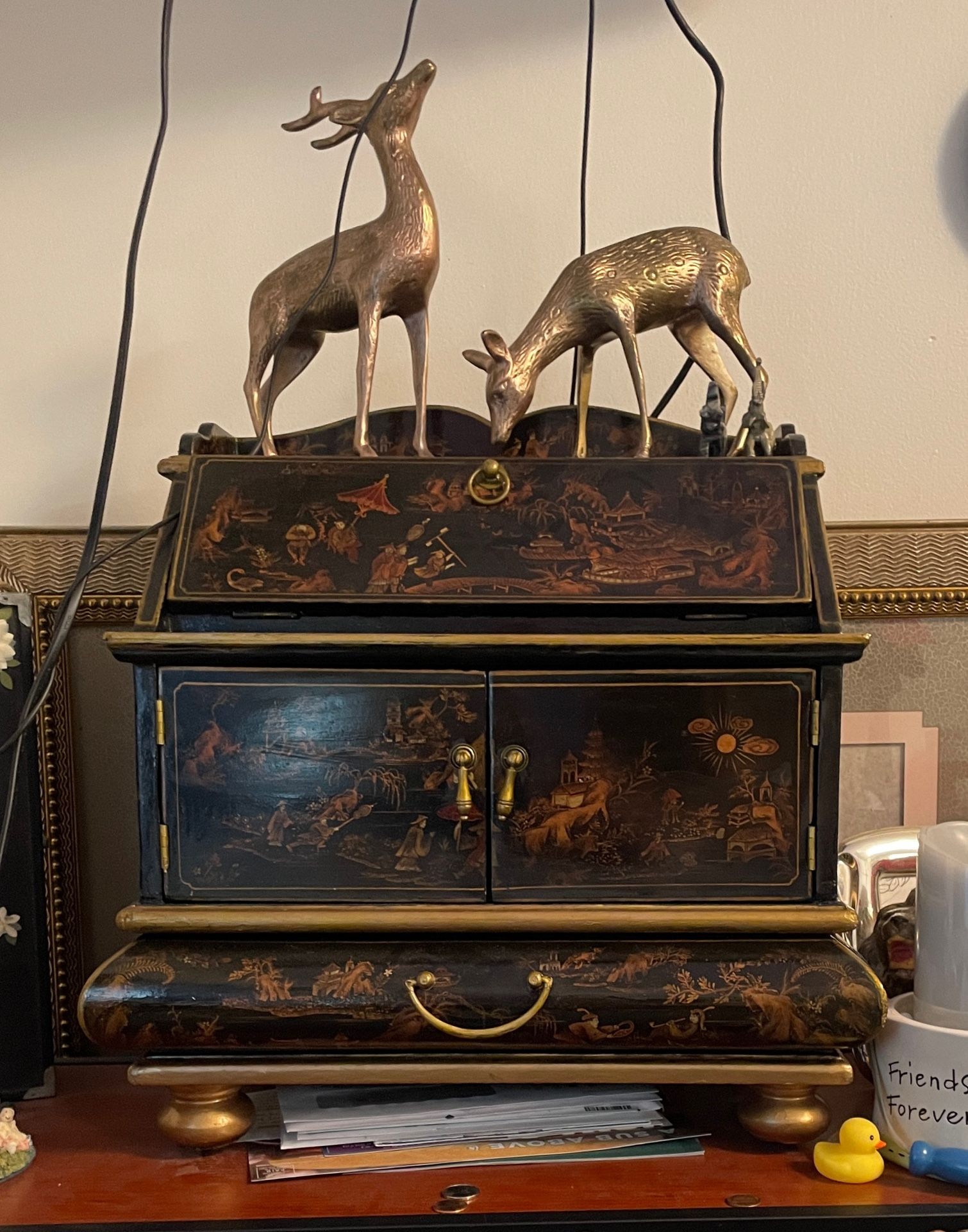 Chinoiserie Style Black Lacquer Oriental Jewelry Box