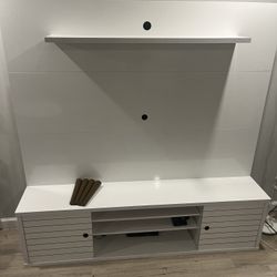 Retro White Tv Stand With Shelves and Cabinets 