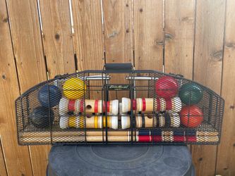 Eddie Bauer Croquet Set Since 1920 Wooden Mallets Balls Wickets Wire Caddy