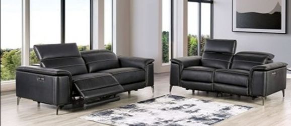 Brand New Black Leather Modern Style Power Reclining Sofa & Loveseat