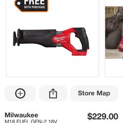 $170. New Milwaukee M18 FUEL GEN-2 18V Lithium-lon Brushless Cordless SAWZALL Reciprocating Saw (Tool-only)