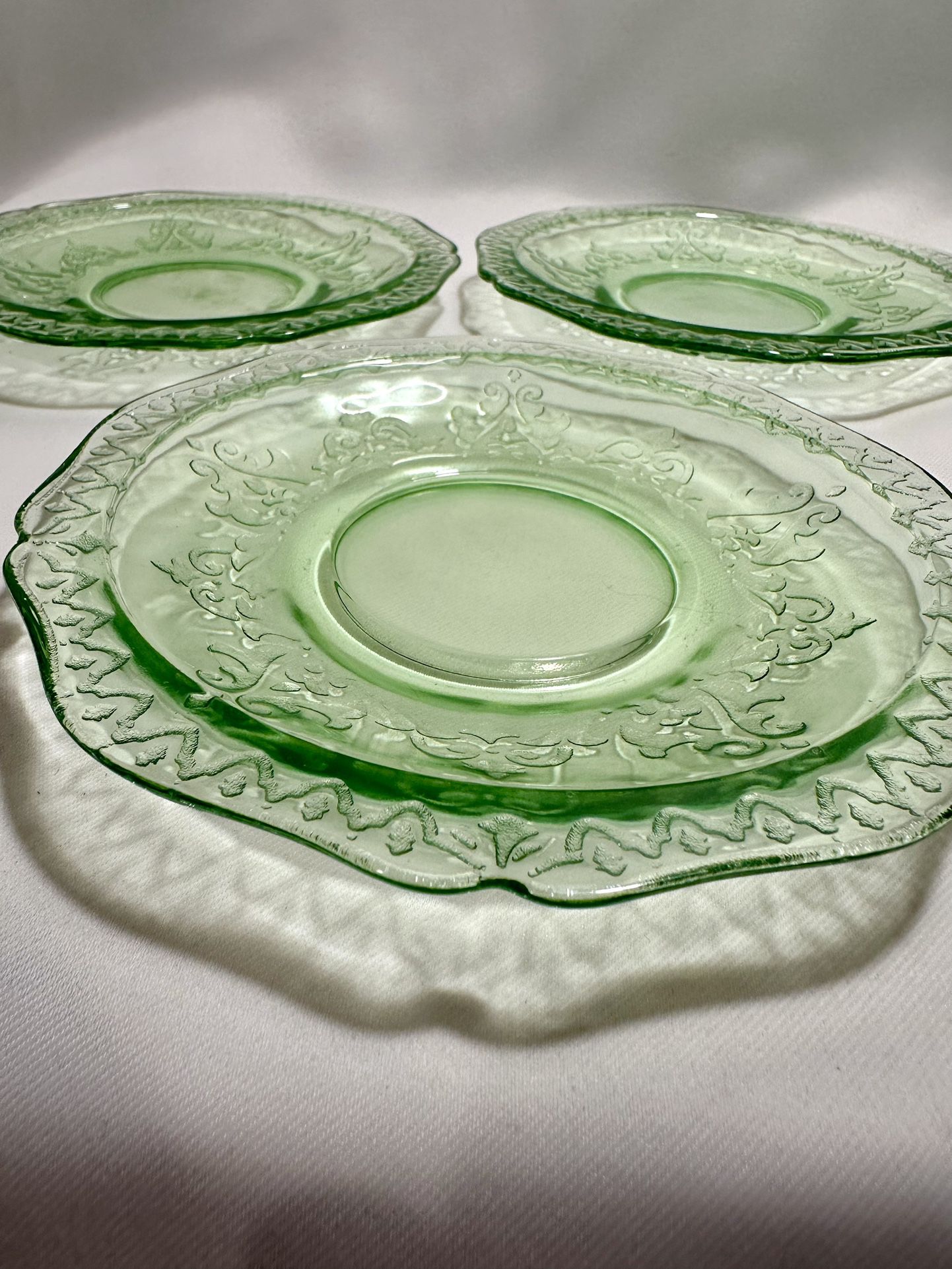 Set Of 3 Green Depression Glass Patrician/Spoke 6” Saucers.