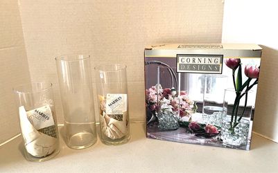Vintage 1992 Corning Vase set + glass marbles