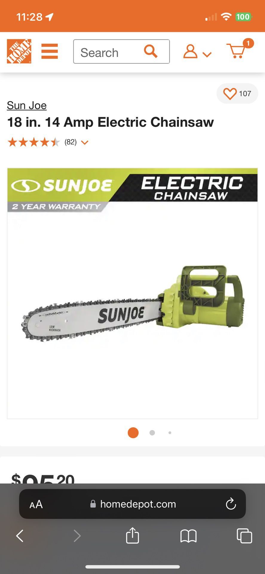 Sun Joe 18” 14amp Electric Chainsaw