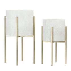 Round White and Gold Iron Floor Planters with Stands (2-Pack)