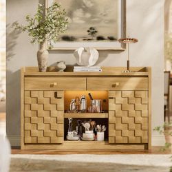 Natural Modern Wood Coffee Bar with Drawers & Door Rack, Large Accent Storage Cabinets with Adjustable