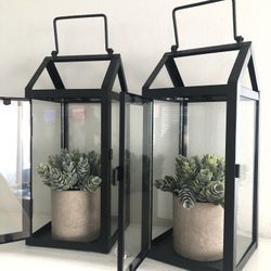 Home Decor Tabletop 10” Tall Metal Frame Lanterns With Plants - Set Of 2