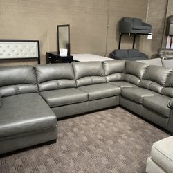 Grey Leather Sectional 