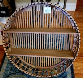 Pinkunn Rattan Wall Shelf Round Wicker Shelves Boho Wall Mounted Display Storage 2 Tier Circle