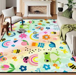 6’x9’  Rainbow Rug for Kids Boys Girls Children Bedroom Playroom Frog Butterfly Floral Cartoon Area Rugs Cute Carpet Living Room Decor Dorm Door Floor