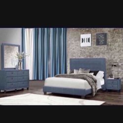 MODERN   Queen Size Blue  Four Piece Bedroom Set. Mattress sold separately 
