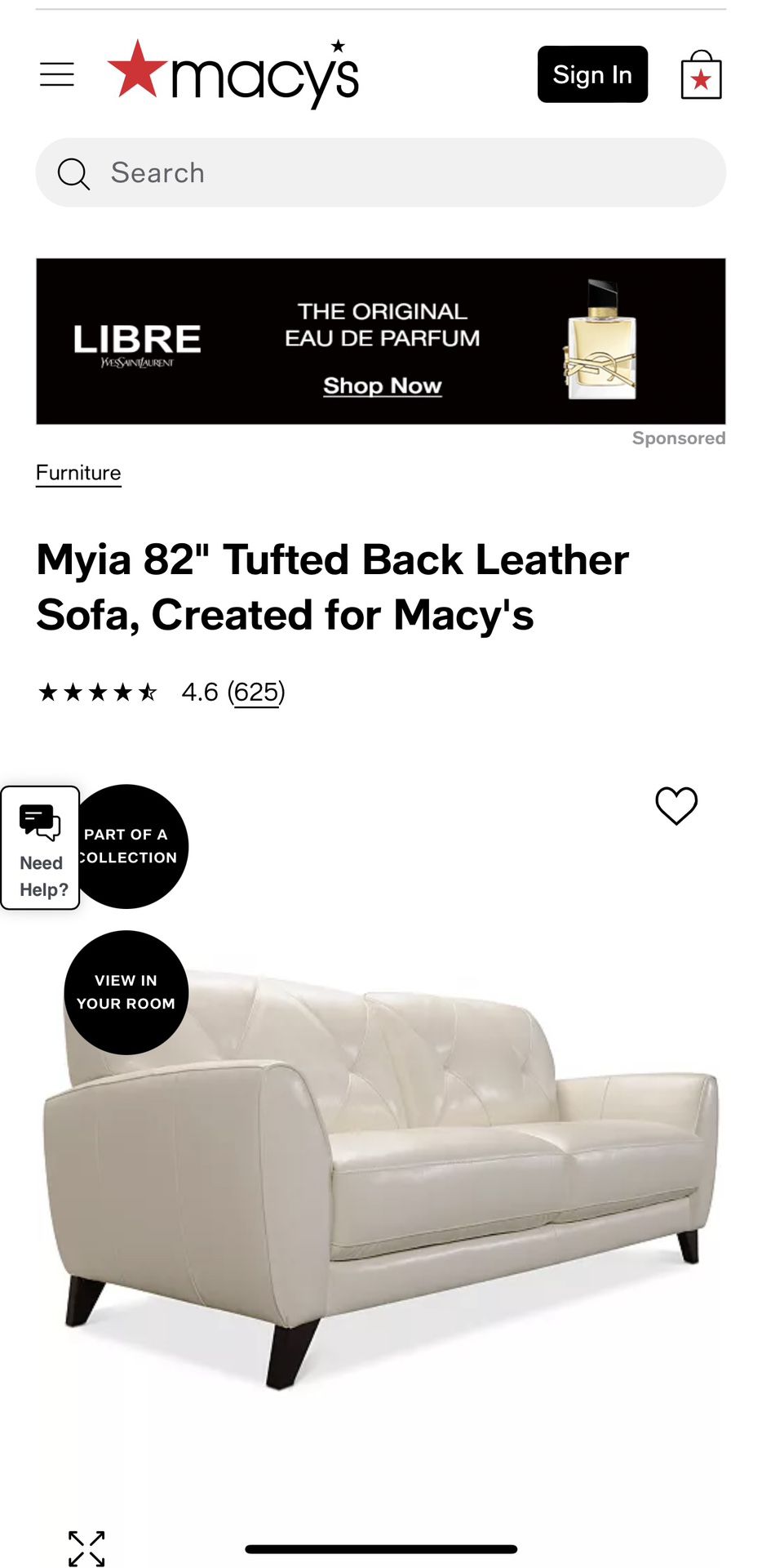82" Cream Leather Sofa